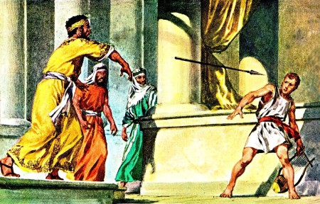 Saul throws A Spear At David